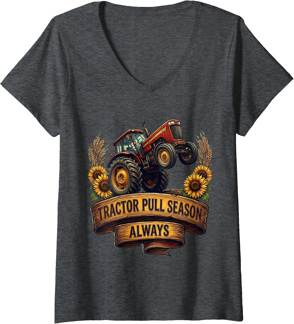 Women's Tractor Pull Season Always Redneck Design V-Neck T-Shirt - Dark Heather Grey
