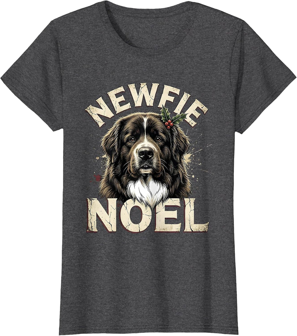 Women's Newfie Noel Distressed Christmas Newfoundland Dog Breed T-Shirt - Dark Heather Grey