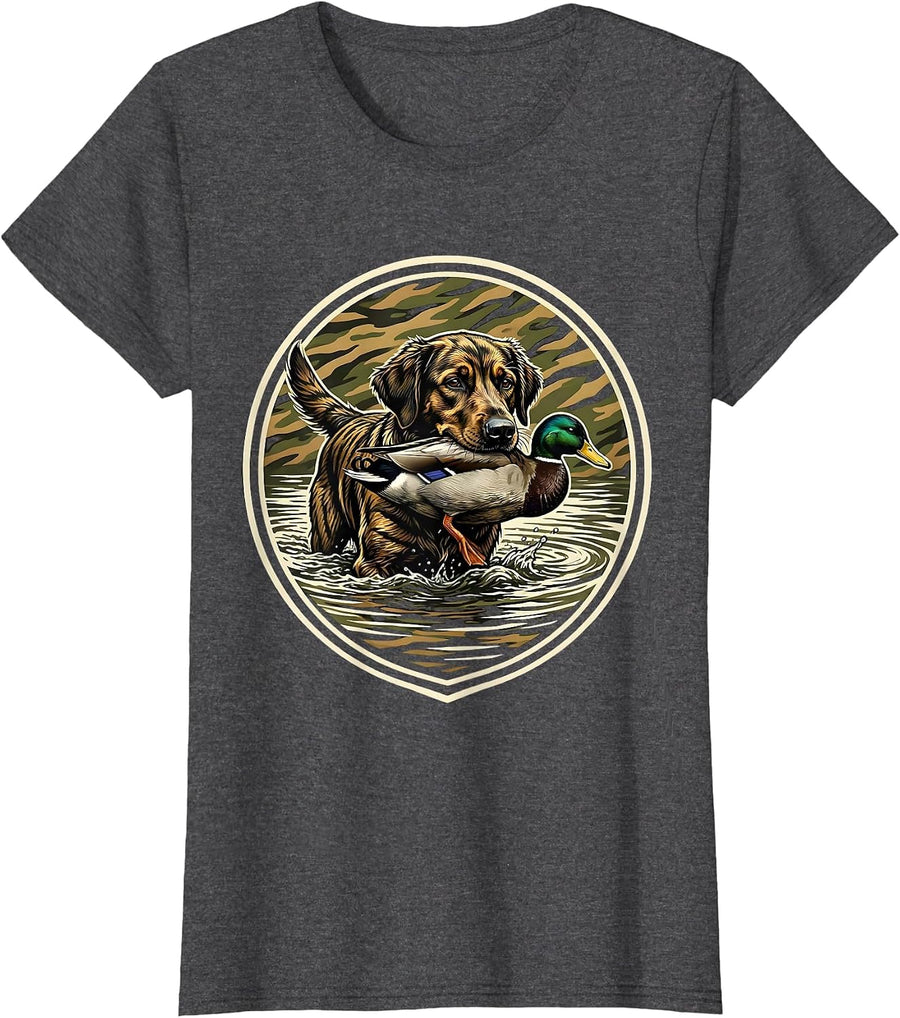 Women's Camo Duck Hunting Dog Retrieve Illustration T-Shirt - Dark Heather Grey