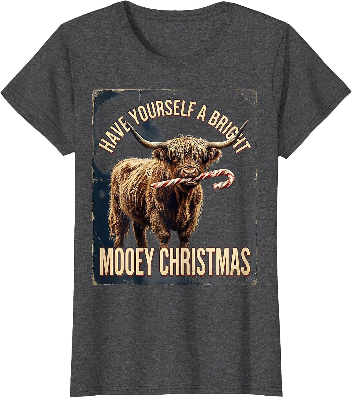 Women's Have Yourself A Bright Mooey Christmas Vintage Highland Cow T-Shirt - Dark Heather Grey