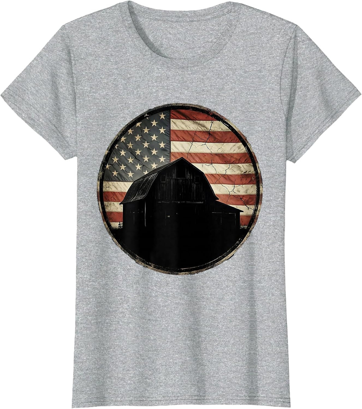 Weathered Barn American Flag Patriotic Design T-Shirt - Heather Grey