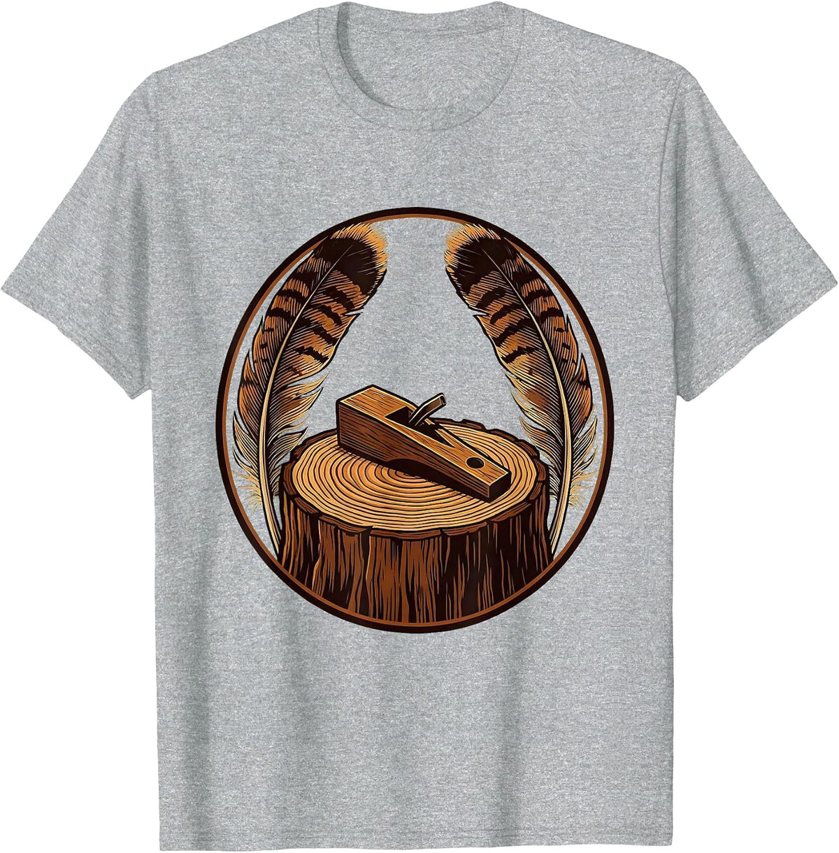 Men's Turkey Call and Feathers on Tree Stump Illustration T-Shirt - Heather Grey