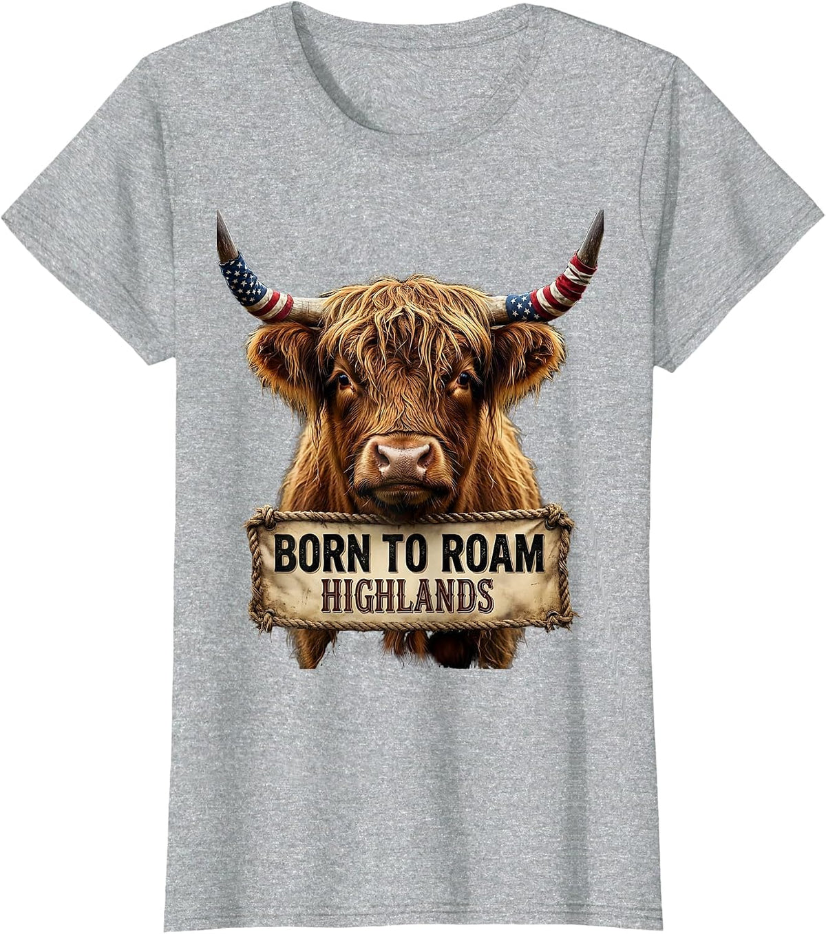 Women's Born to Roam Highlands Highland Cow Design T-Shirt - Heather Grey