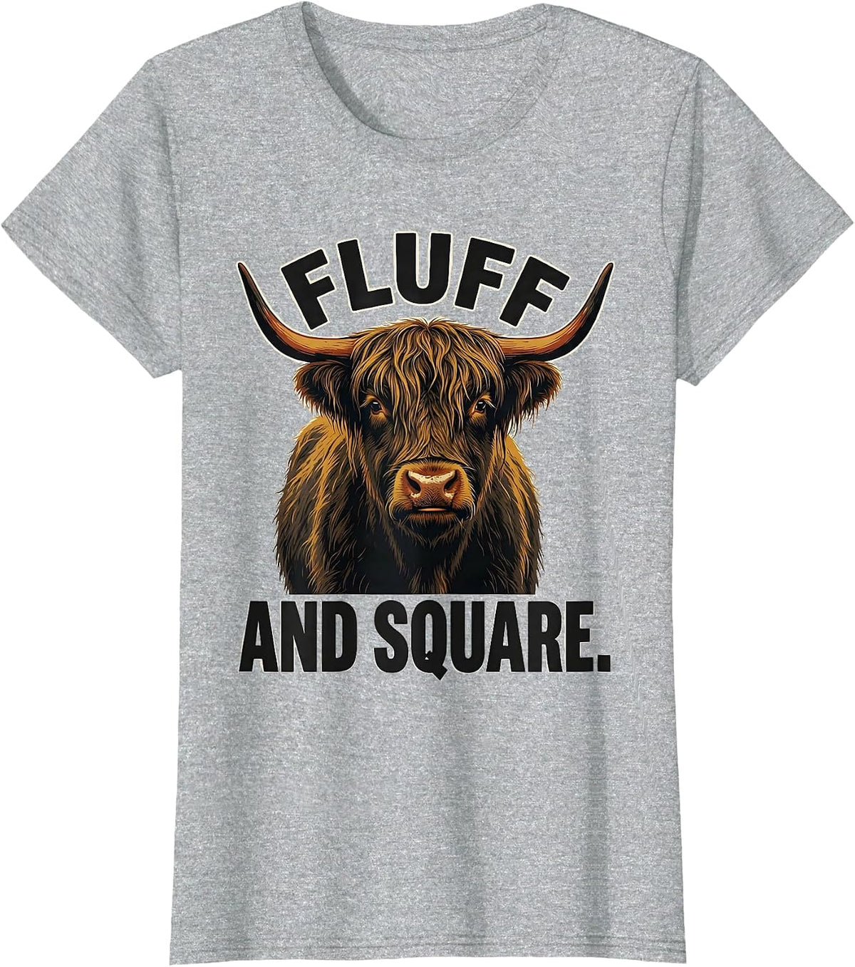 Women's Fluff And Square Funny Highland Cow Graphic Cute T-Shirt - Heather Grey
