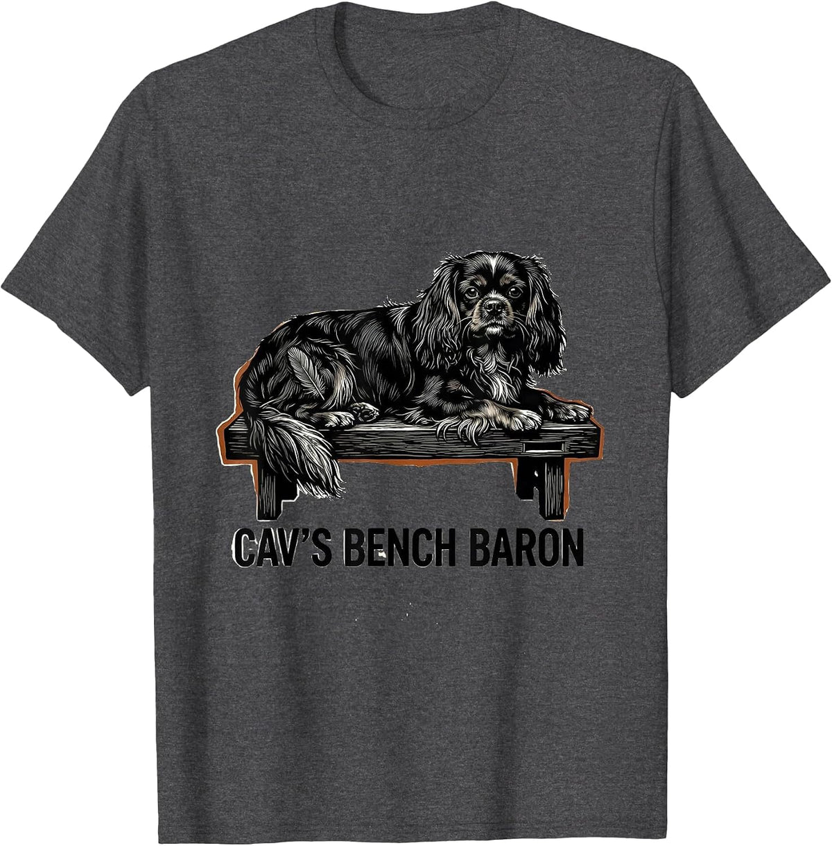 Cav's Bench Baron Linocut Cavalier King Charles Spaniel T-Shirt - Dark Heather Grey