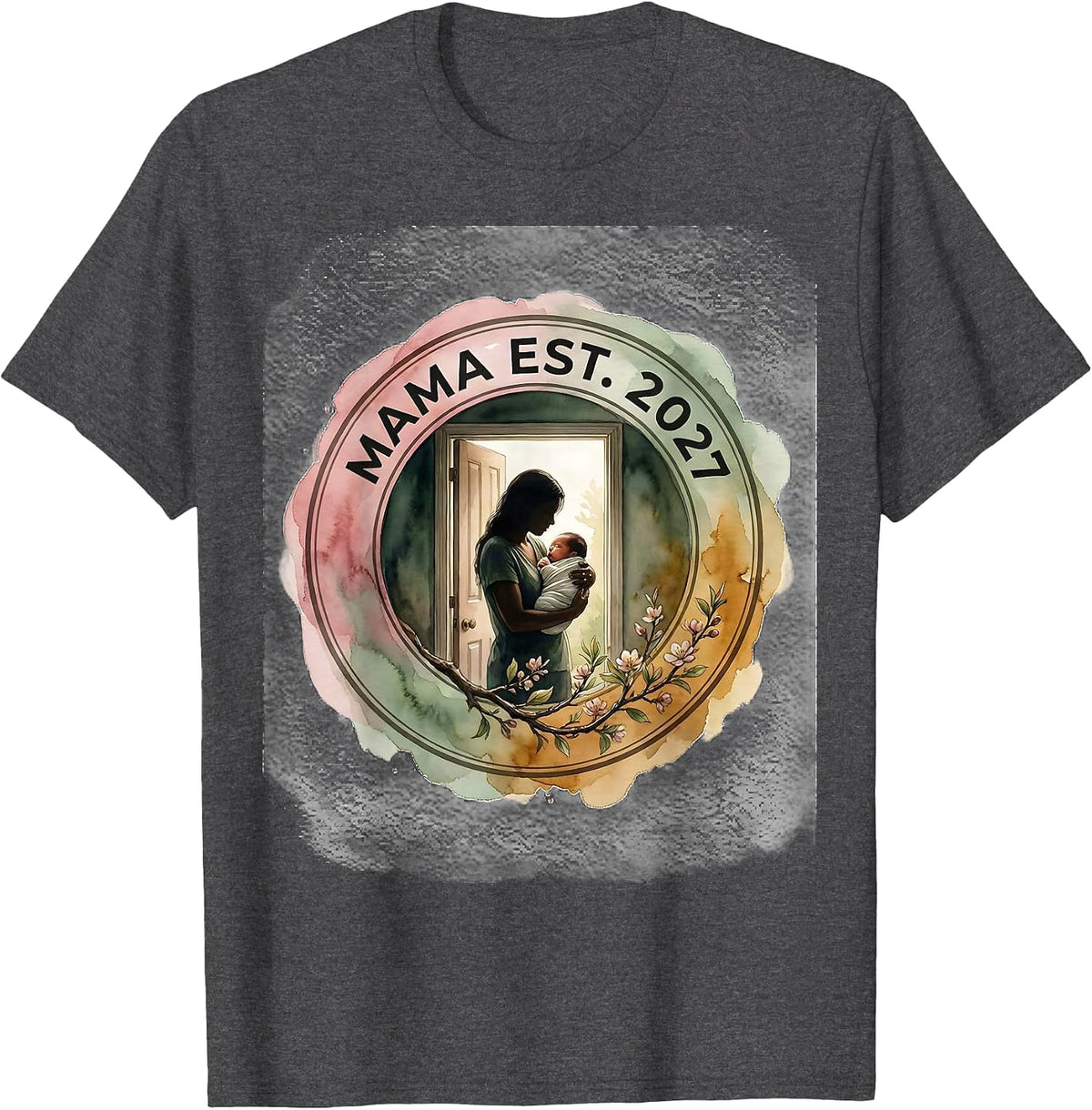 Men's Mama Est 2027 Minimalist Elegant Font Family Keepsake T-Shirt - Dark Heather Grey