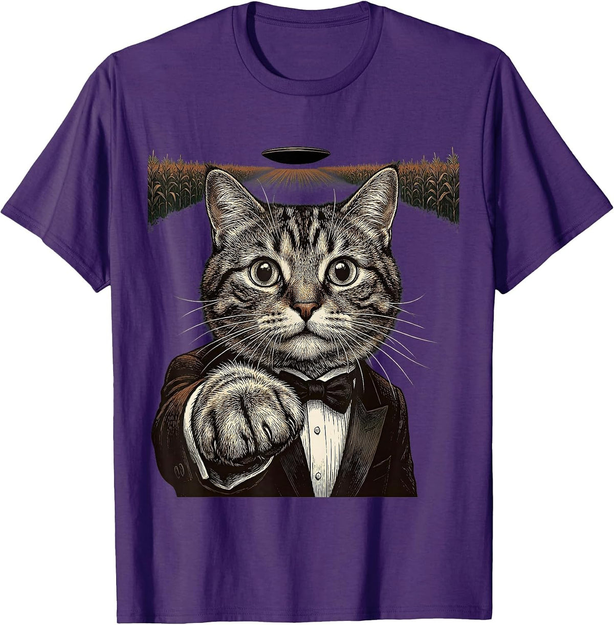 Cropped Tuxedo Cat UFO Vintage Funny Cat Lover T-Shirt - Purple