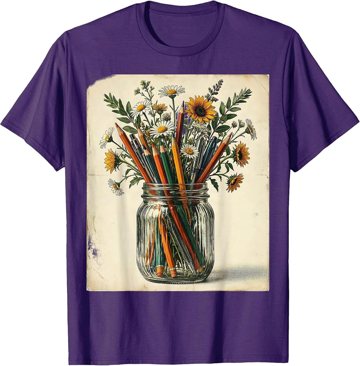Men's Elementary Teacher Mason Jar Pens Flowers Graphic T-Shirt - Purple