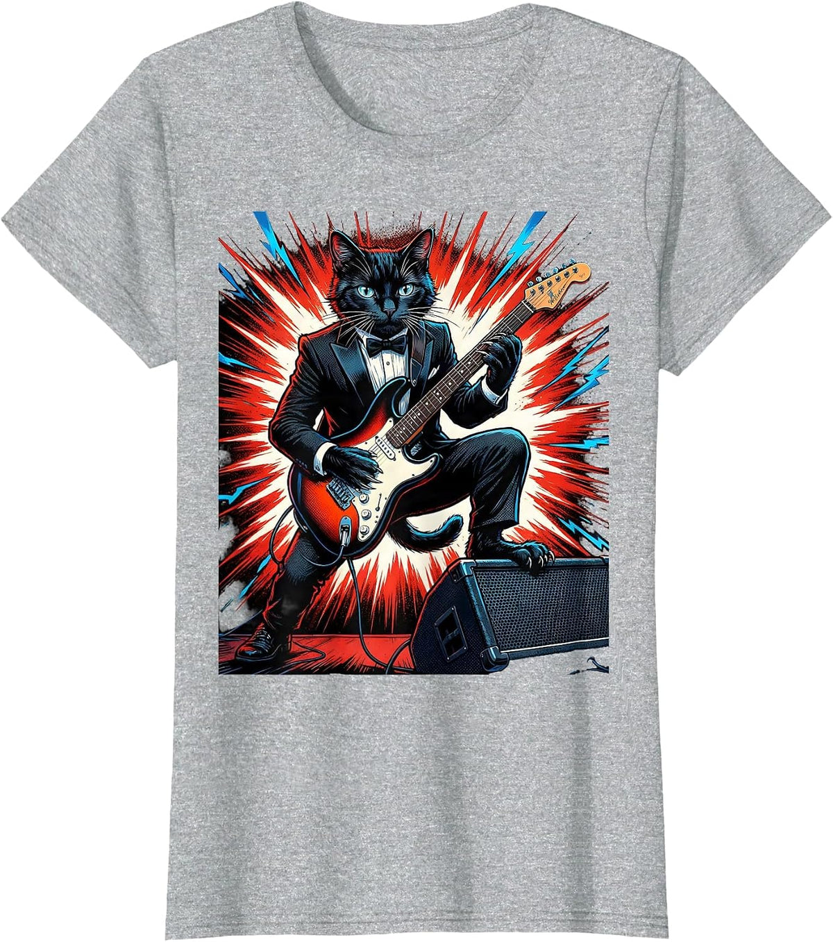 Women's Cat Playing Guitar Rock Music Humor Novelty Gift T-Shirt - Heather Grey