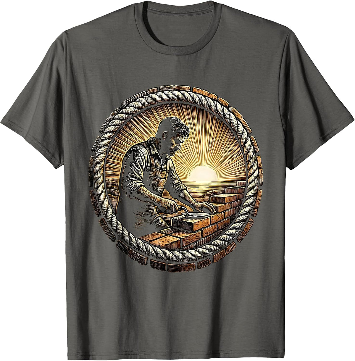 Bricklayer Golden Sunrise Mason Graphic Design T-Shirt - Asphalt Grey
