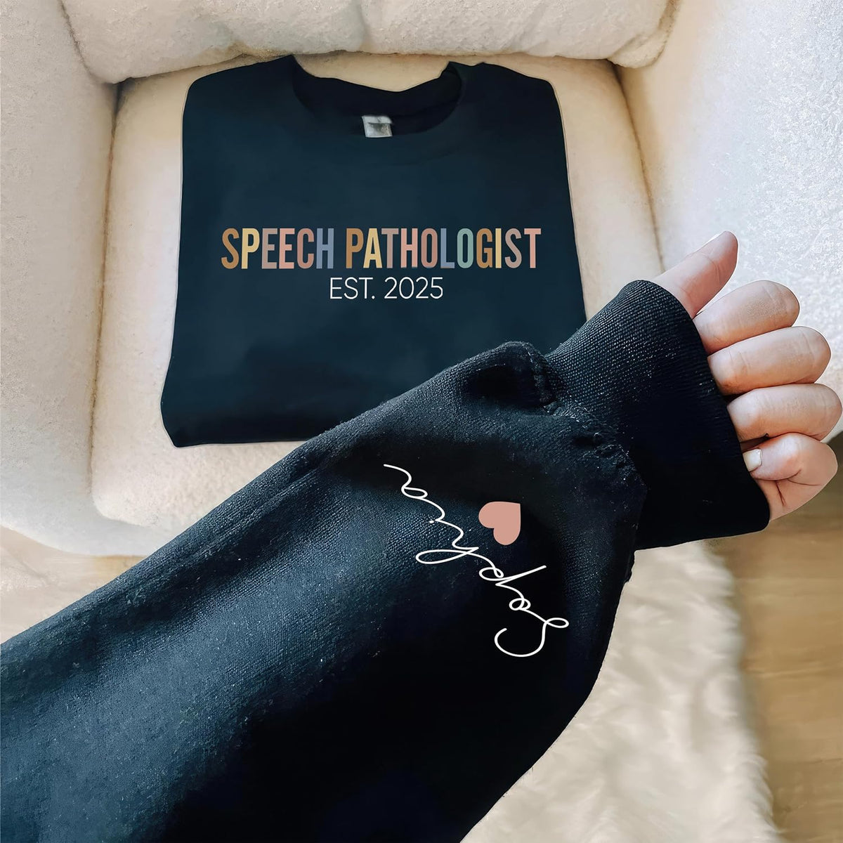 Personalized Speech Pathologist Sweatshirt with Name on Sleeve, Speech Pathologist Crewneck Gift - size chart