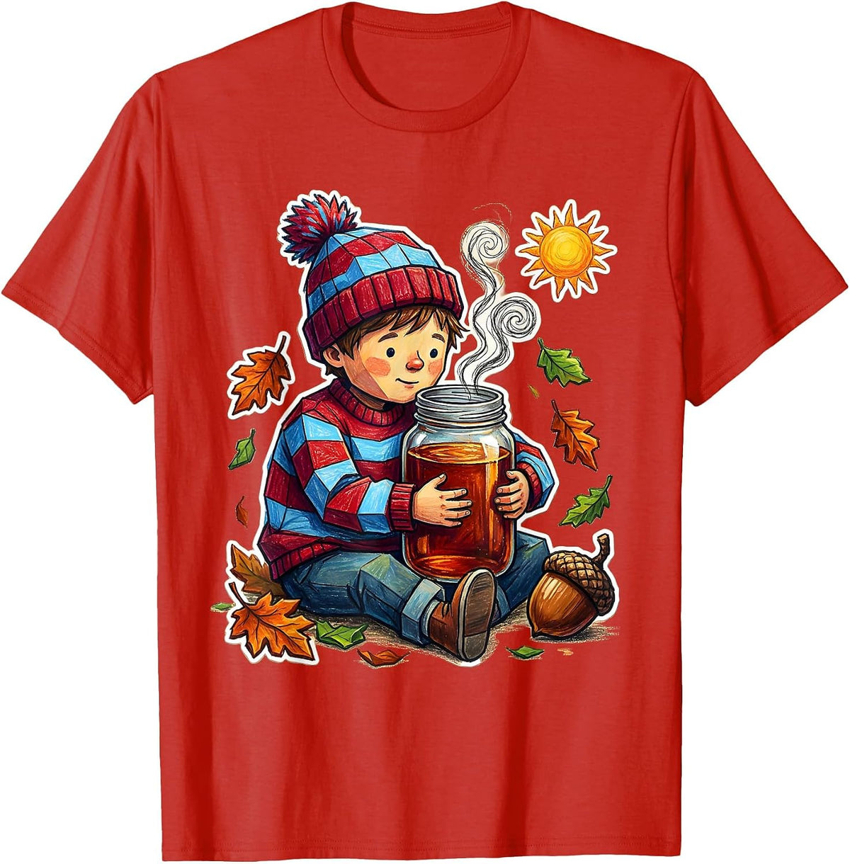 Men's Fall Boys Cozy Mason Jar Autumn Graphic T-Shirt - Red