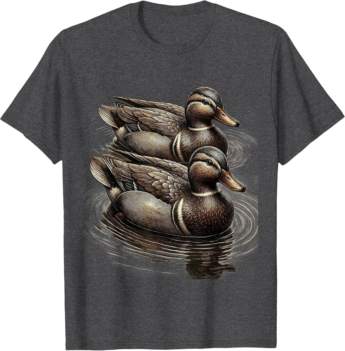 Men's Duck Decoys Floating on Still Water Illustration T-Shirt - Dark Heather Grey
