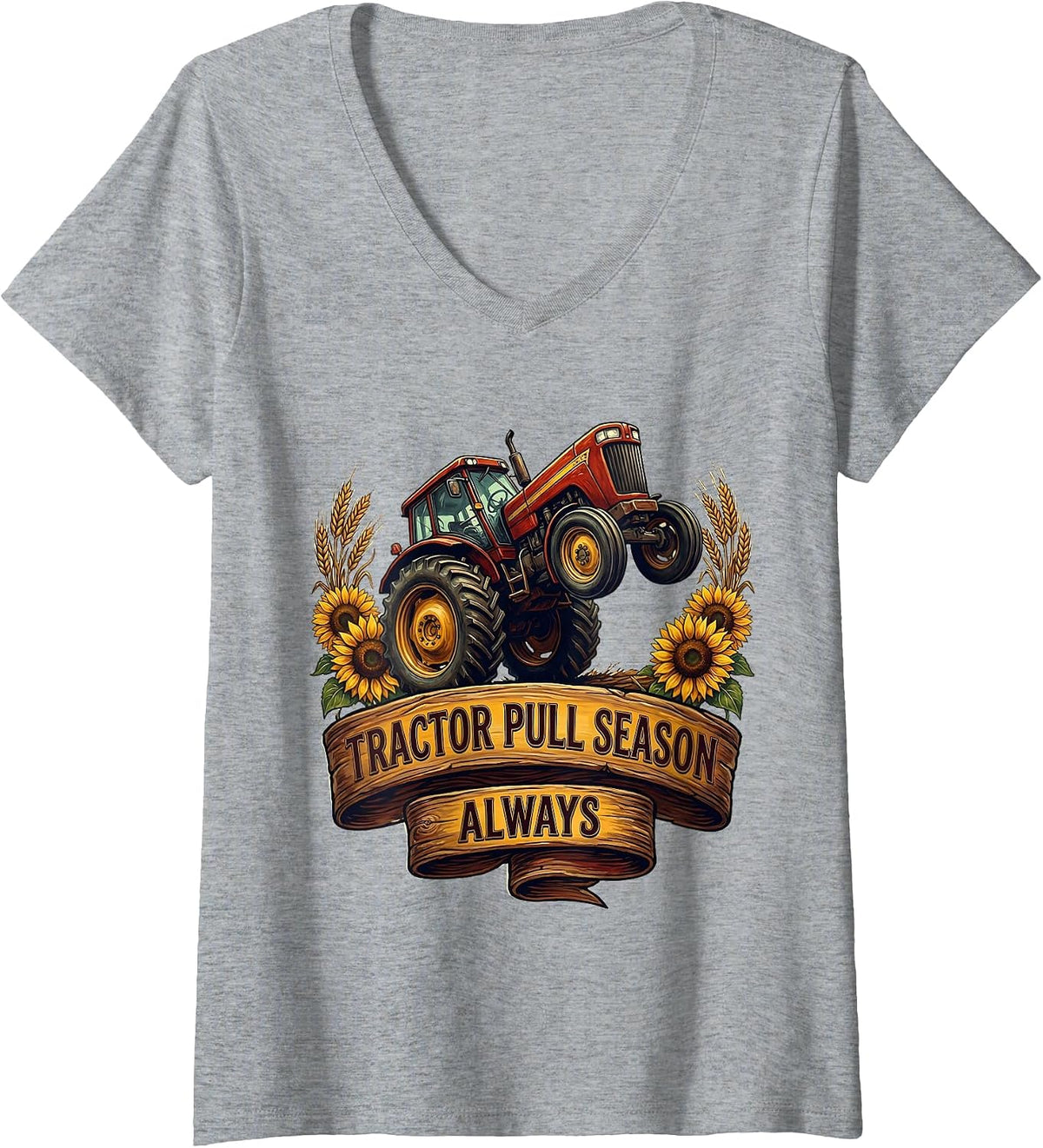 Women's Tractor Pull Season Always Redneck Design V-Neck T-Shirt - Heather Grey