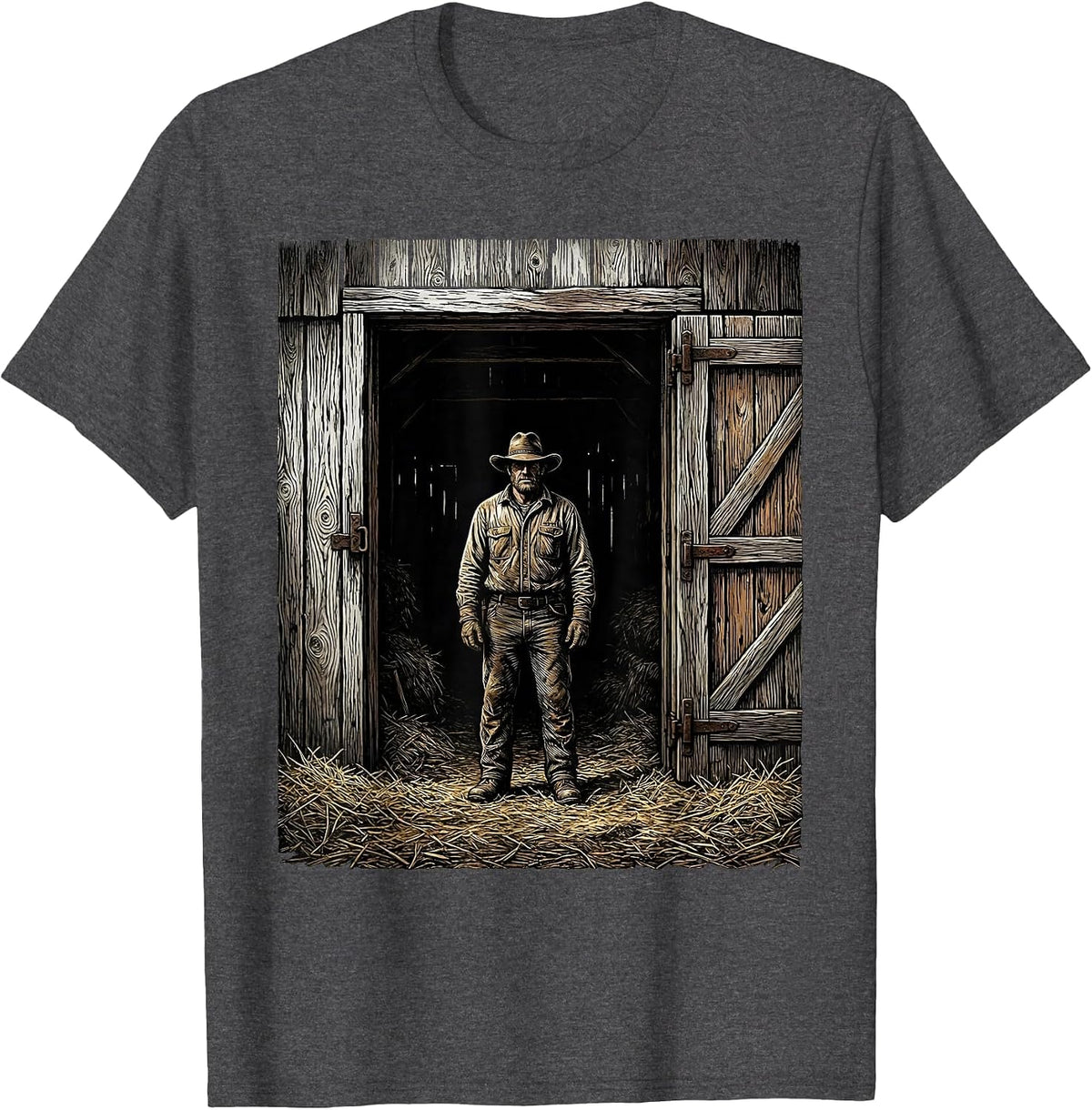 Men's Old Barn Doorway Country Life Illustration T-Shirt - Dark Heather Grey