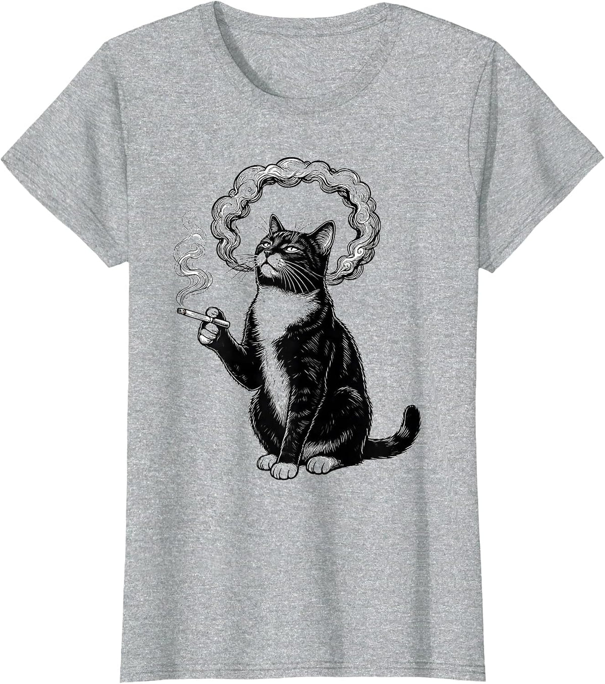Women's Tuxedo Cat Smoking a Ring of Smoke T-Shirt - Heather Grey