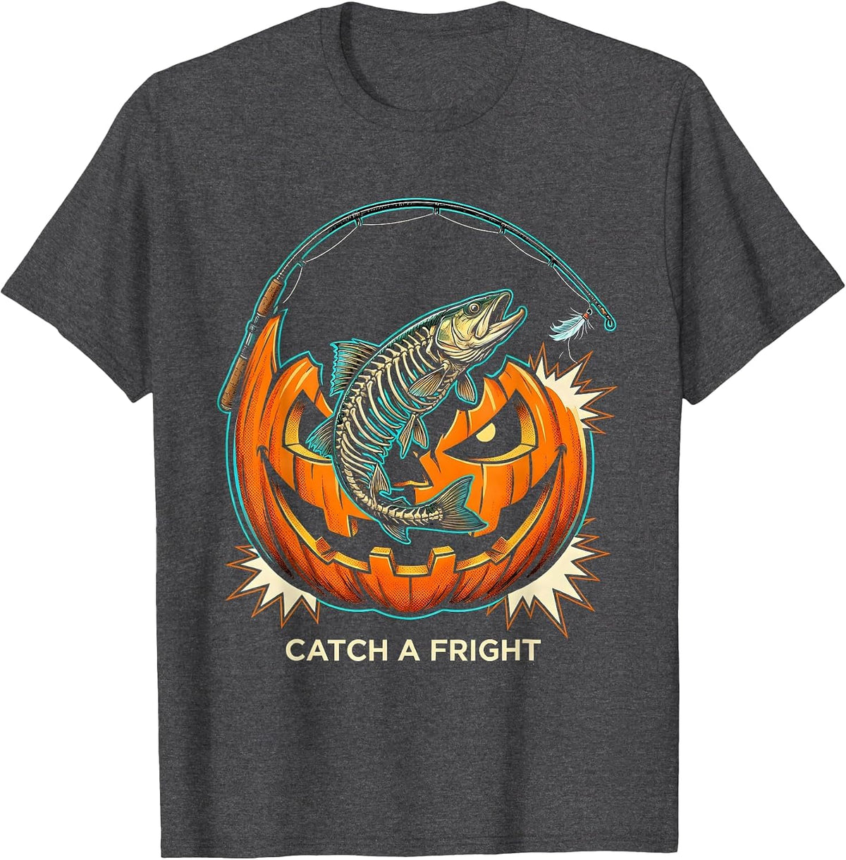 Catch a Fright Pop Art Halloween Fishing Ghost Fly Skeleton T-Shirt - Dark Heather Grey