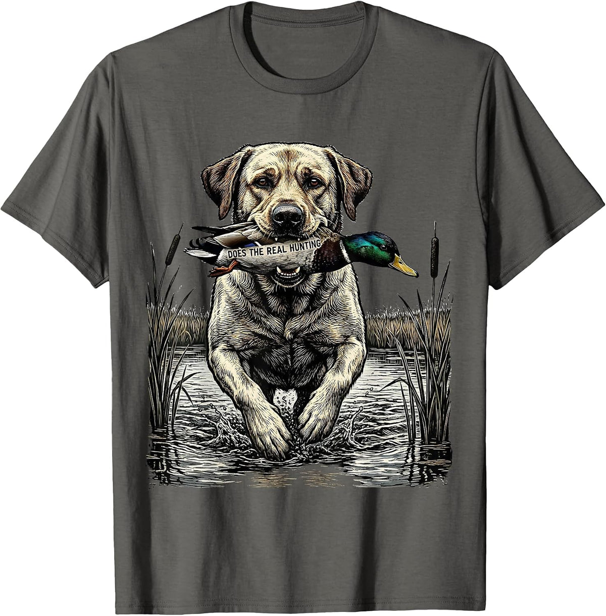 Does The Real Hunting Woodcut Labrador Retriever Duck T-Shirt - Asphalt Grey