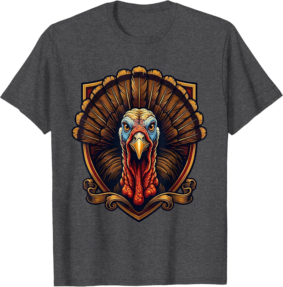 Bold Turkey Face Close-Up Graphic Design T-Shirt - Dark Heather Grey