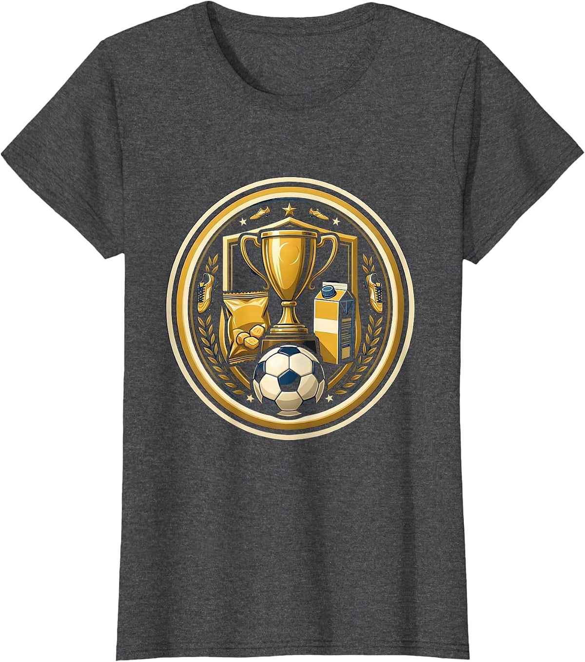 Women's Soccer Dad Trophy Snacks Funny Graphic Tee T-Shirt - Dark Heather Grey