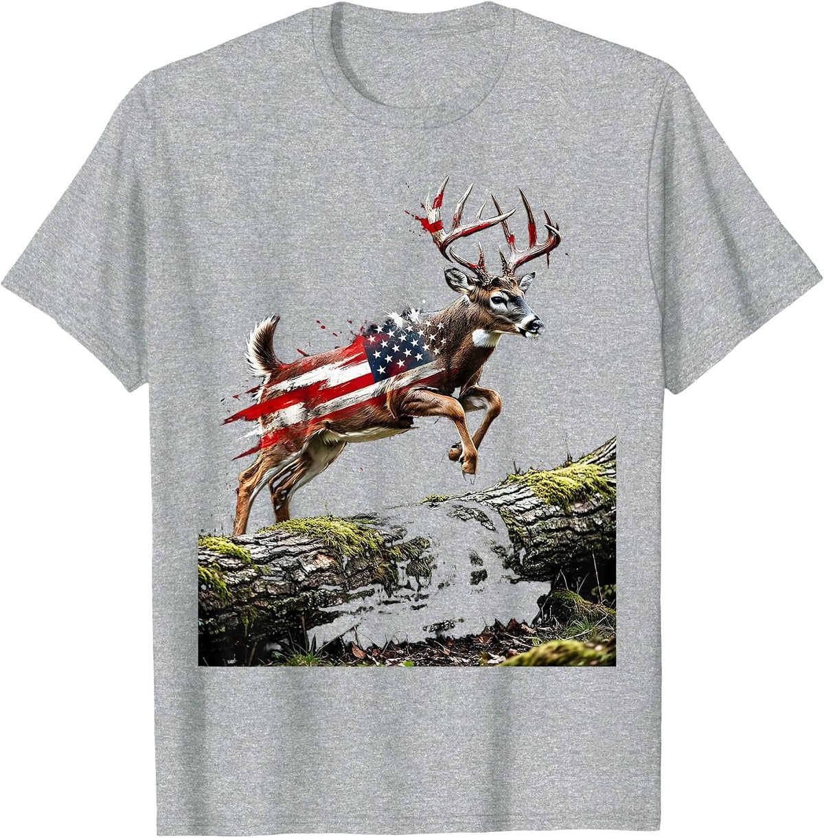 Men's Camo Whitetail Buck Leaping Over Fallen Log T-Shirt - Heather Grey
