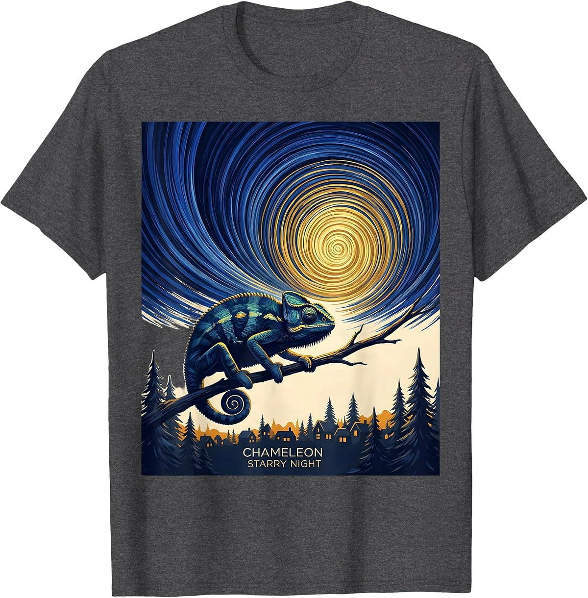 Men's Chameleon Starry Night Van Gogh Animal Lover Art Humor T-Shirt - Dark Heather Grey