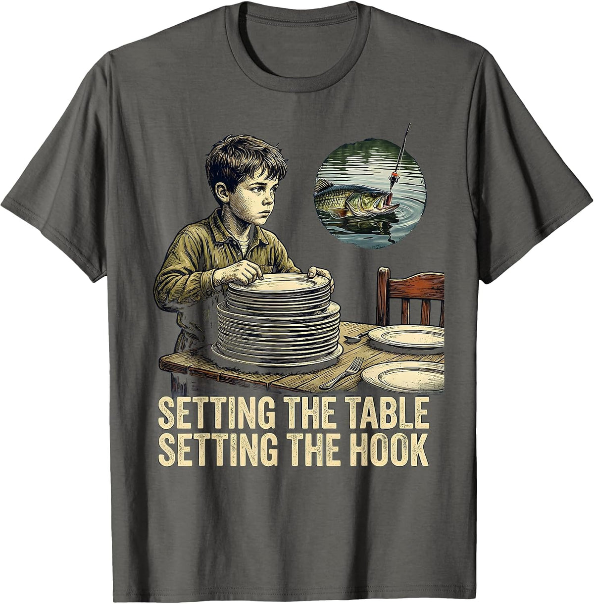 Men's Setting The Table Setting The Hook Vintage Bass Fishing T-Shirt - Asphalt Grey