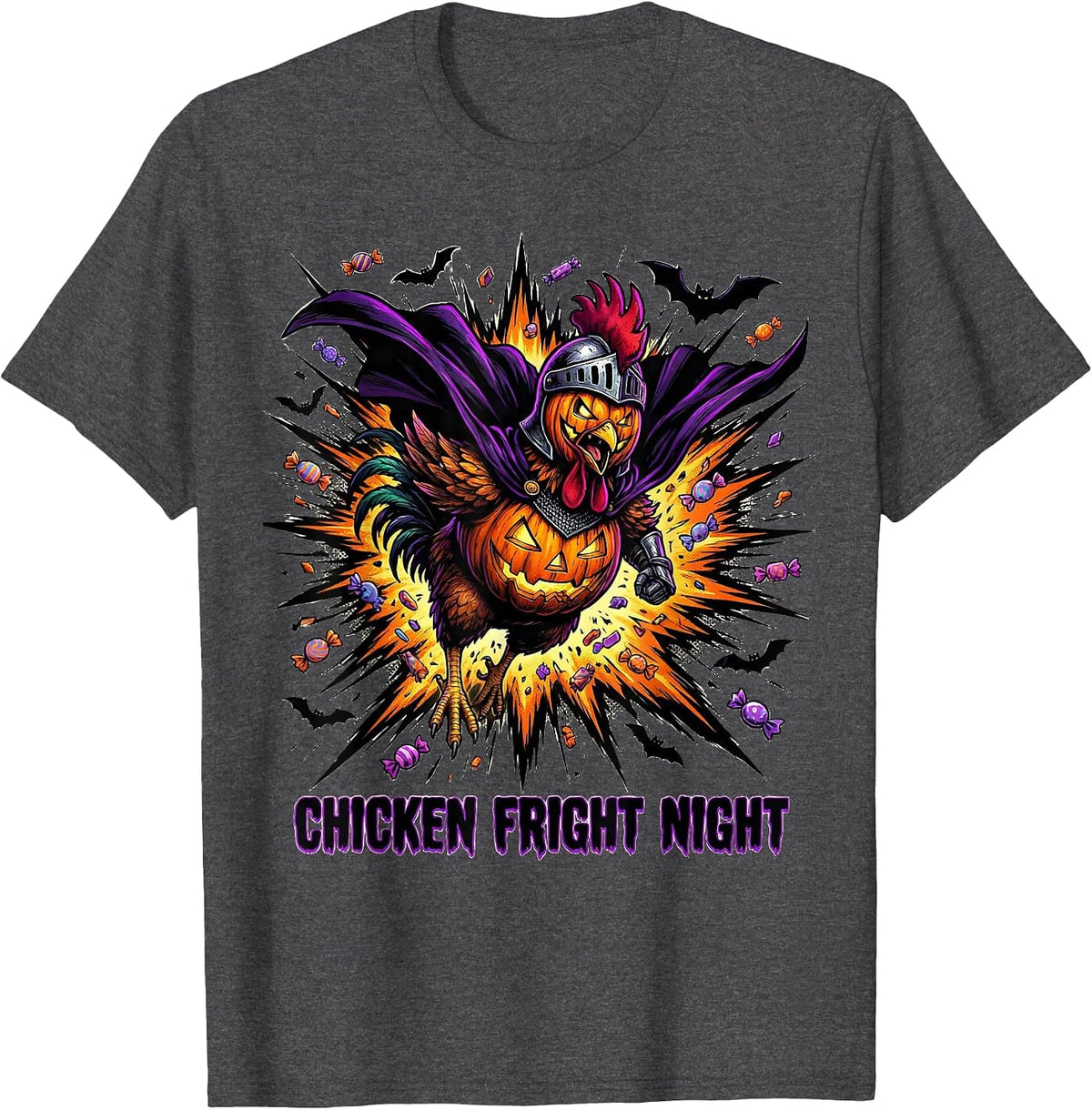 Men's Chicken Fright Night Comic Book Halloween Chicken Lover T-Shirt - Dark Heather Grey
