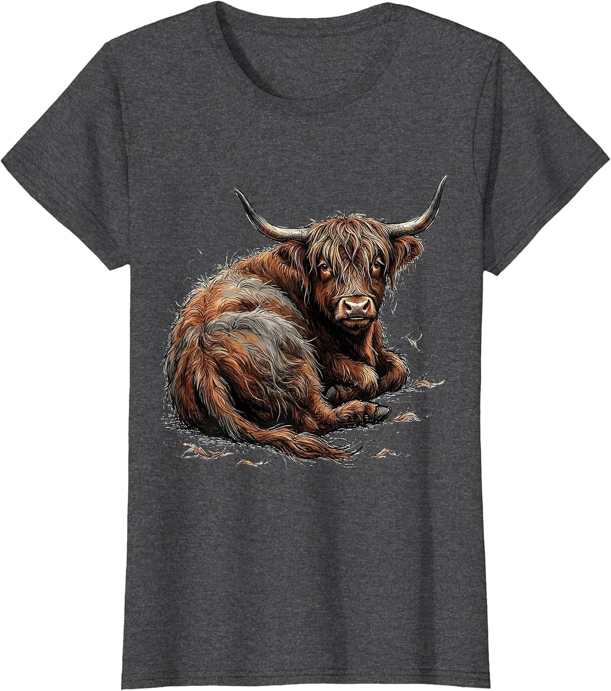 Women's Cute Highland Cow Hand Sketched Scottish Humor T-Shirt - Dark Heather Grey