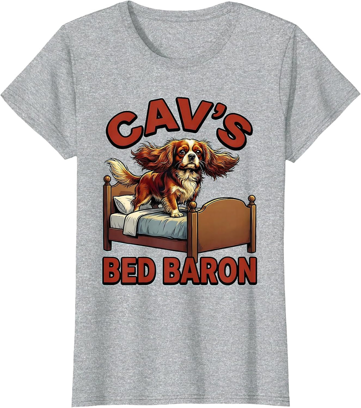 Women's Cav's Bed Baron Cartoon Cavalier King Charles Spaniel Owner T-Shirt - Heather Grey