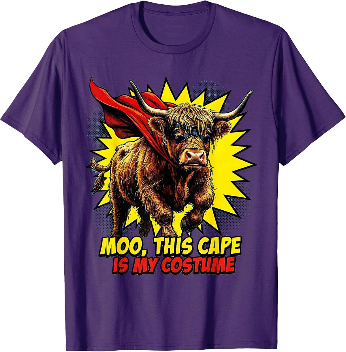Men's Moo This Cape Is My Costume Pop Art Highland Cow Halloween T-Shirt - Purple