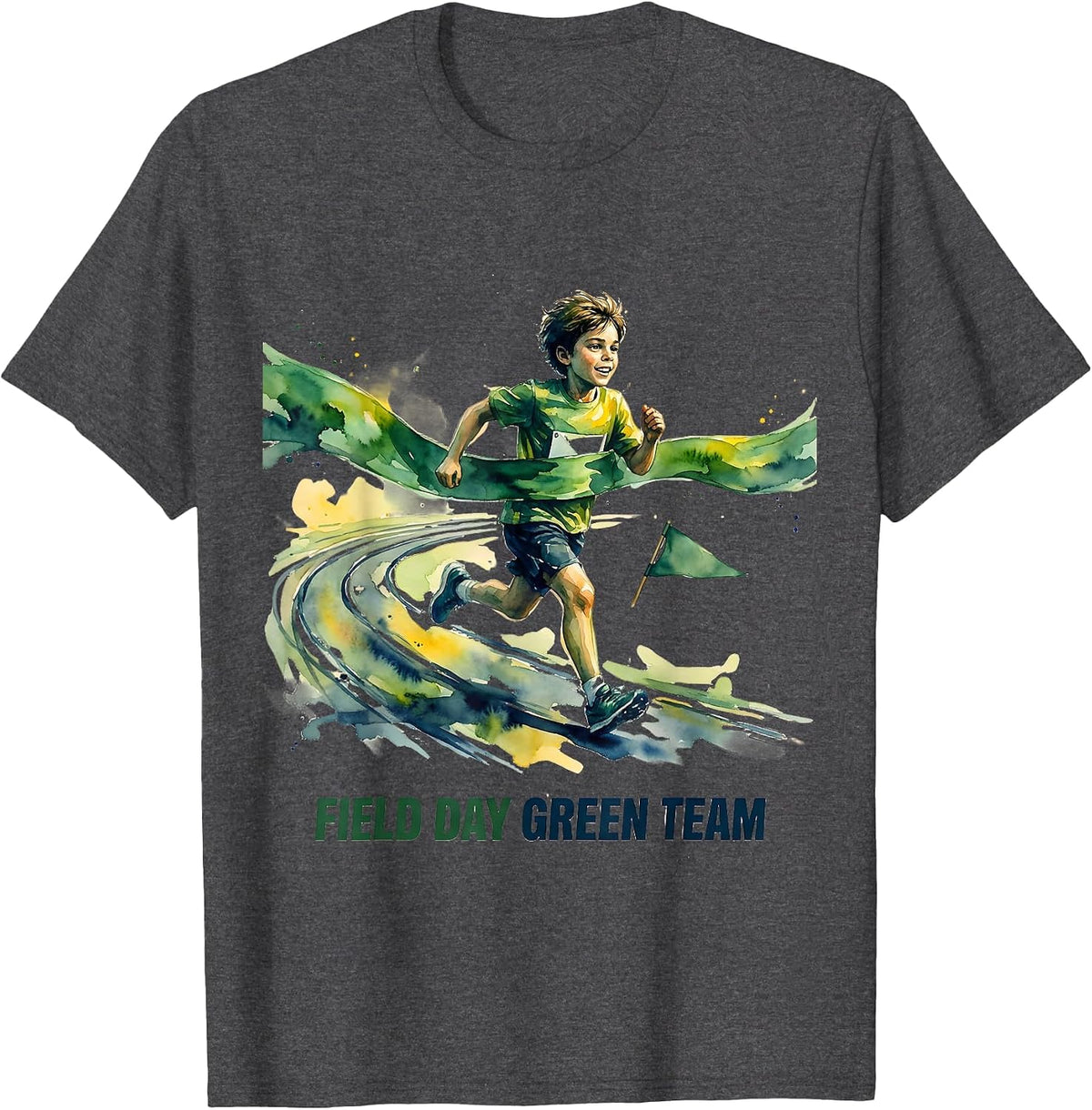 Field Day Green Team Watercolor Child Runner Track Ribbon T-Shirt - Dark Heather Grey
