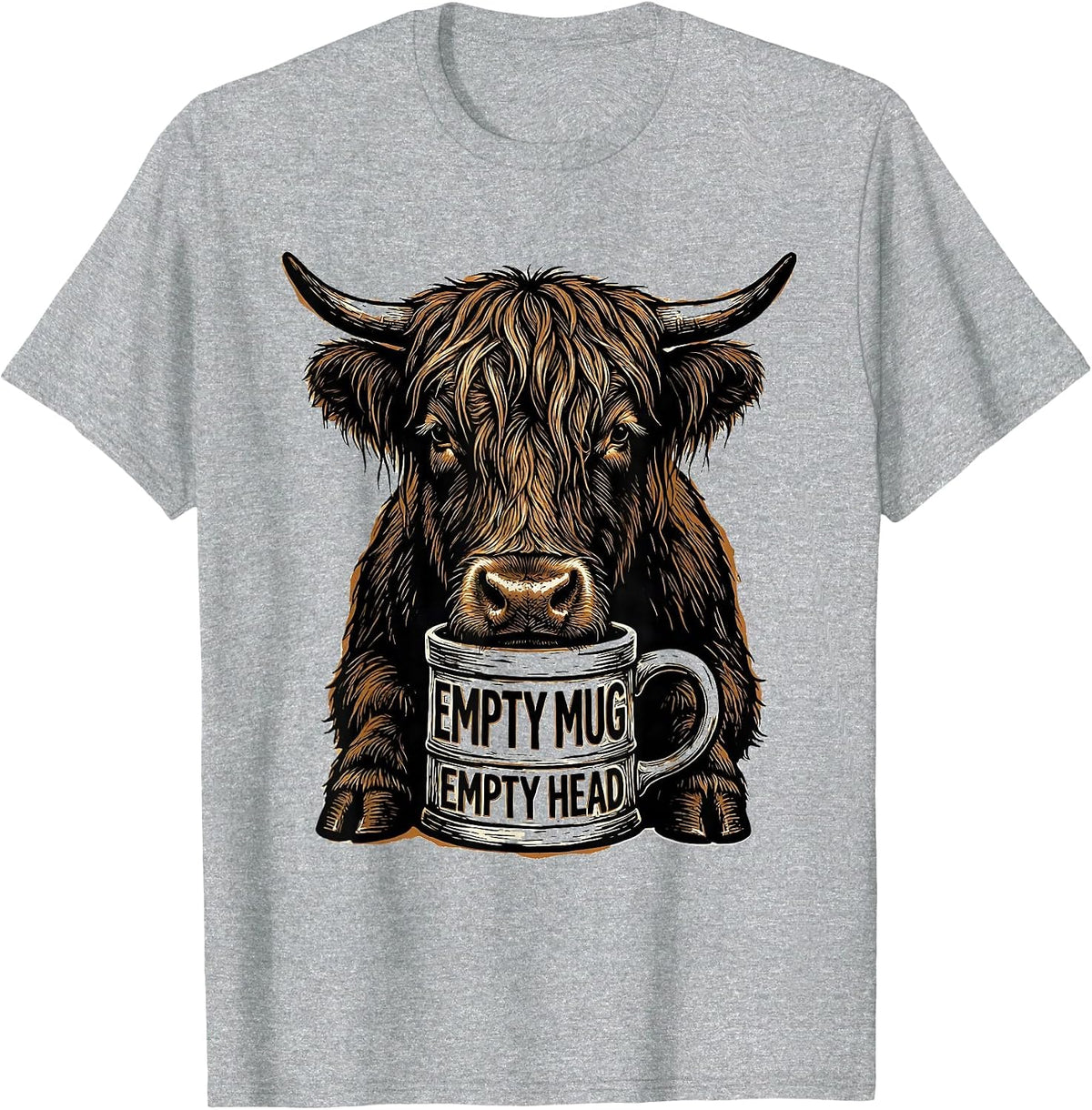 Men's Empty Mug Empty Head Funny Highland Cow Coffee Lover Humor T-Shirt - Heather Grey