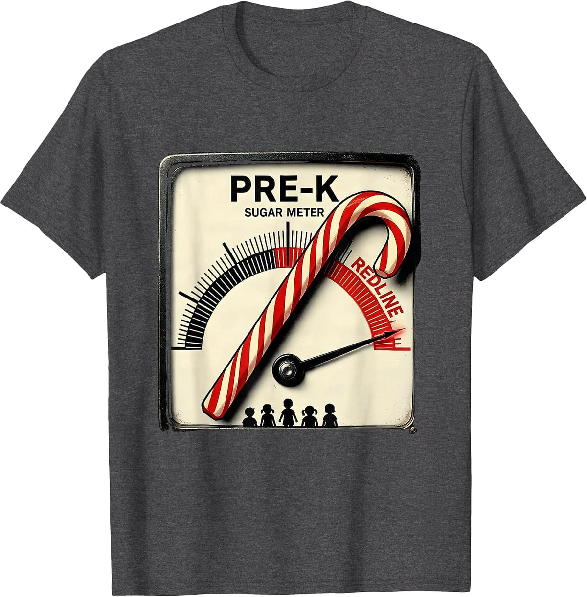 Men's Pre-K Sugar Meter Redline Funny Teacher Christmas Candy Cane T-Shirt - Dark Heather Grey