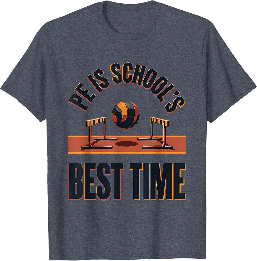 PE Is School's Best Time Screenprint PE Teacher Gym Class T-Shirt - Heather Blue