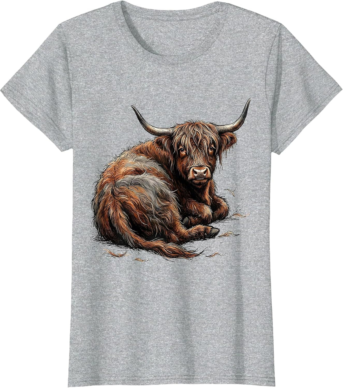 Women's Cute Highland Cow Hand Sketched Scottish Humor T-Shirt - Heather Grey