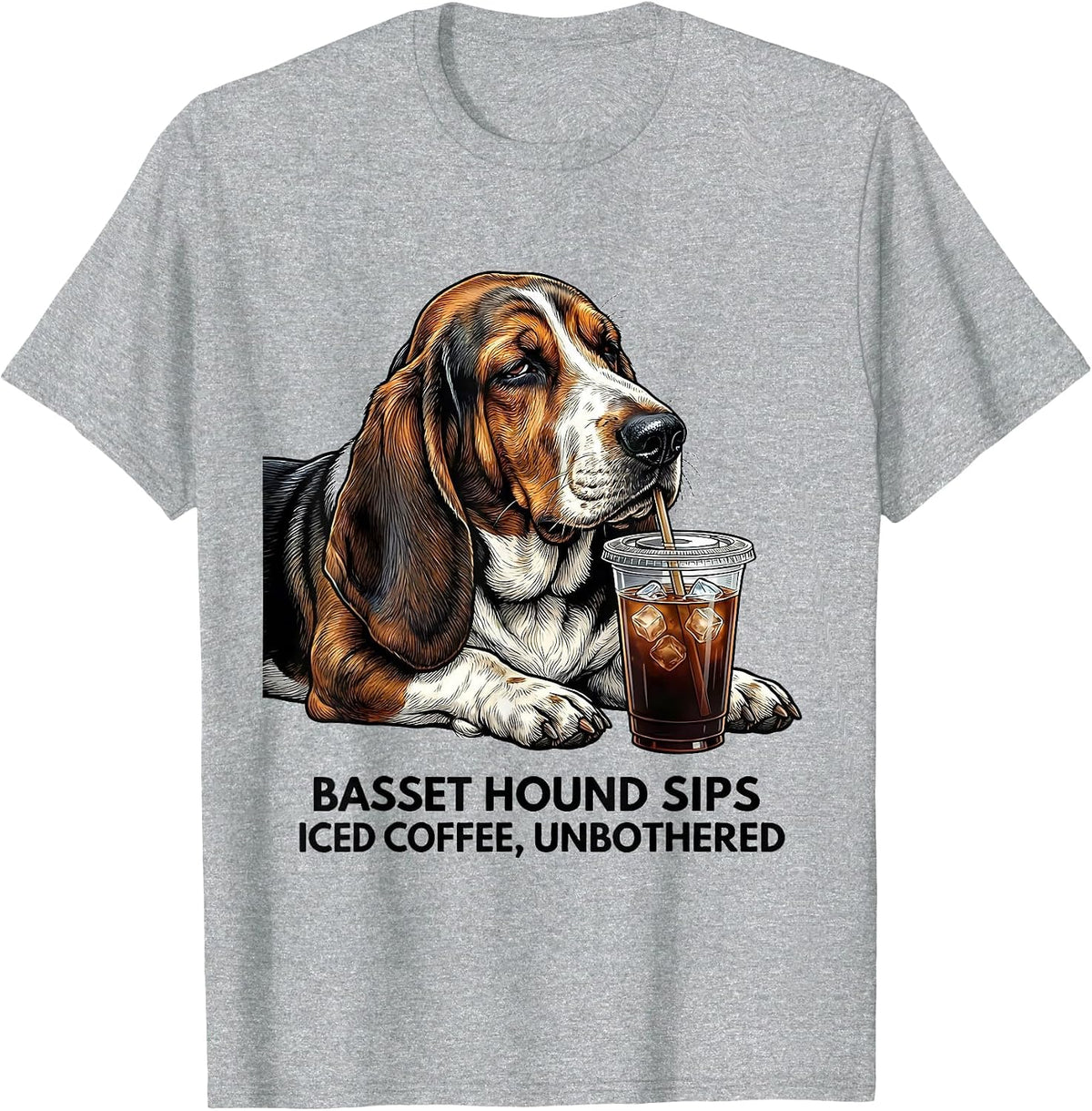Men's Basset Hound Sips Iced Coffee, Unbothered Funny T-Shirt - Heather Grey