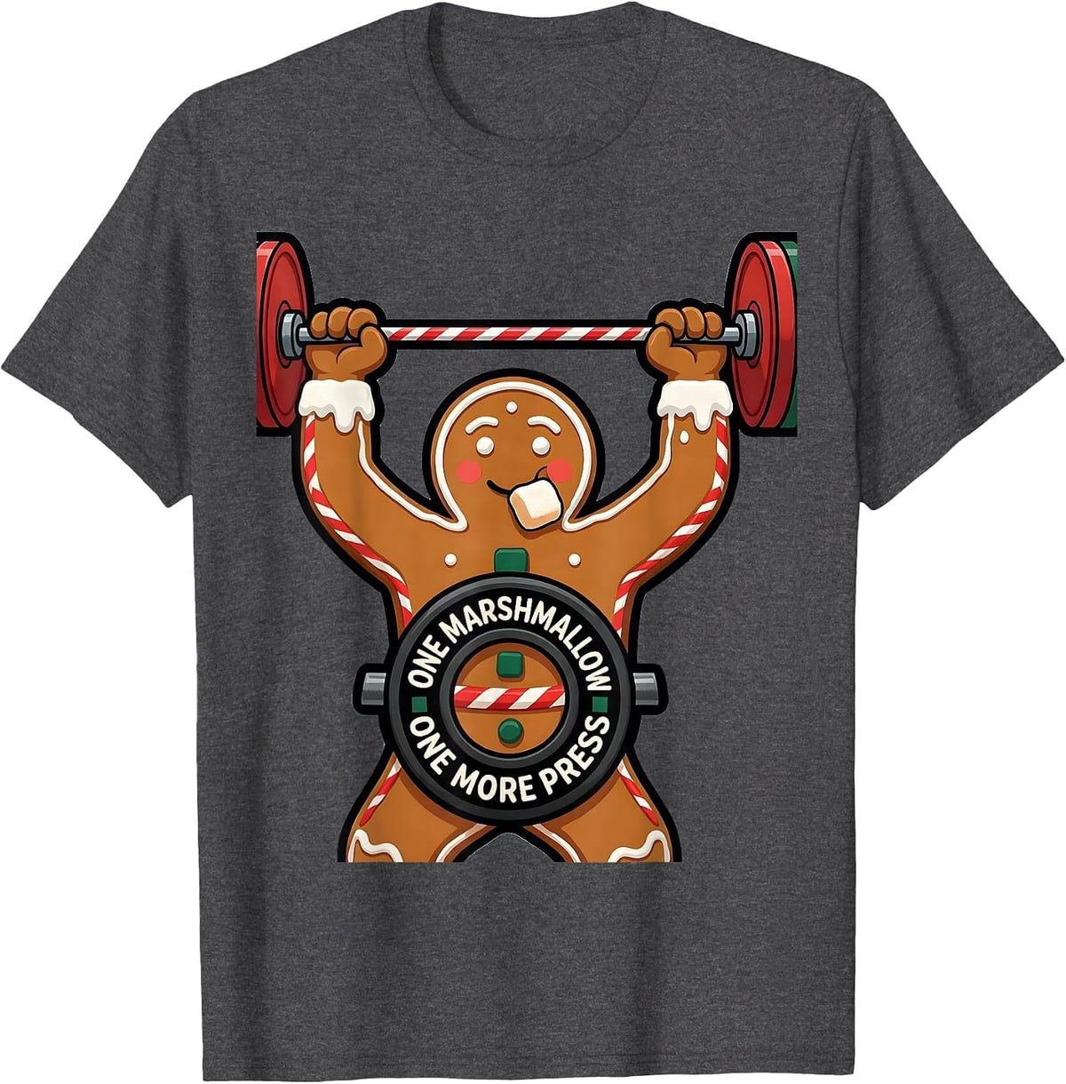 Men's One Marshmallow One More Press Funny Gingerbread Gym T-Shirt - Dark Heather Grey