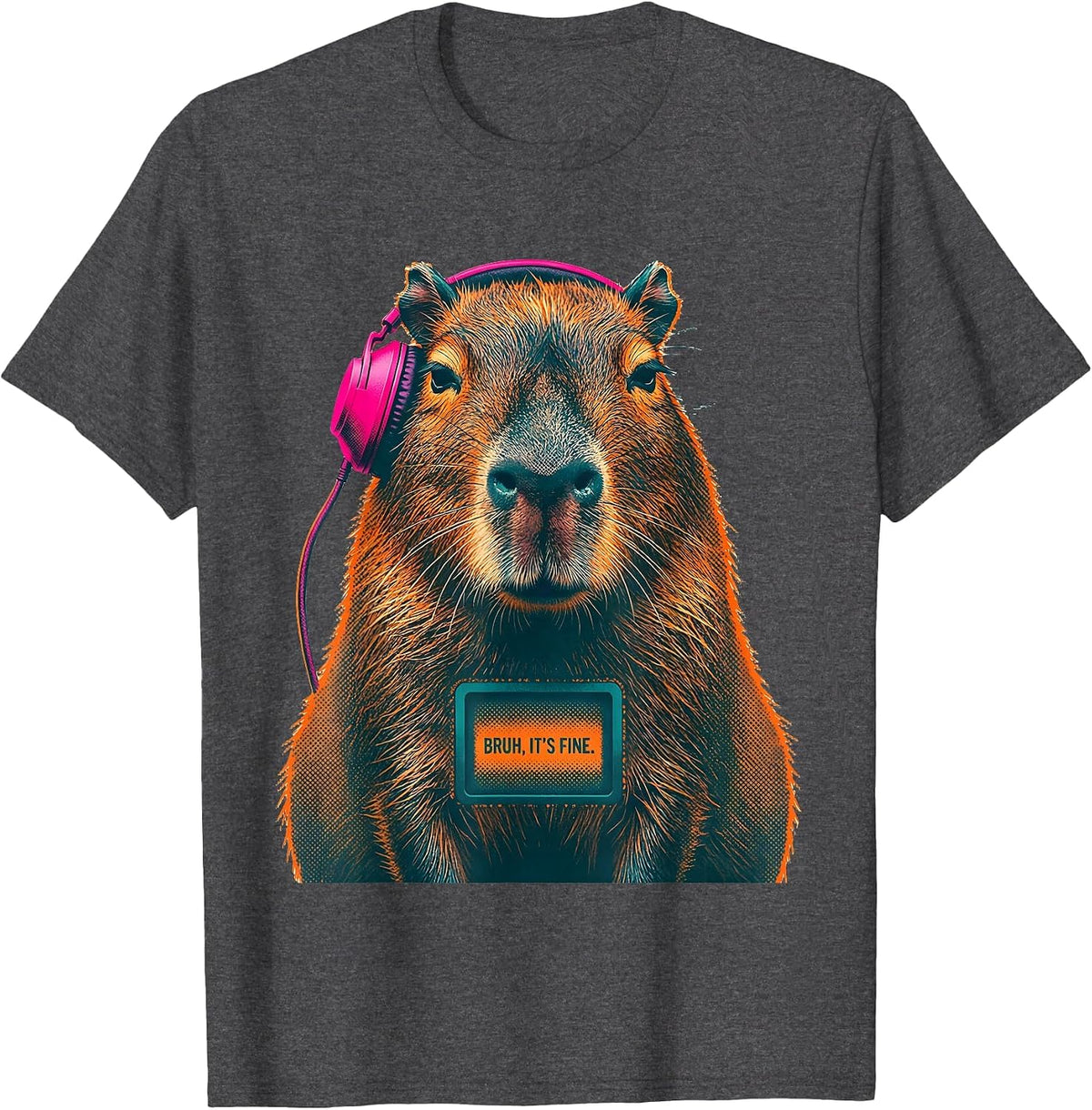 Men's Bruh It's Fine Risograph Capybara Gamer Meme Humor T-Shirt - Dark Heather Grey