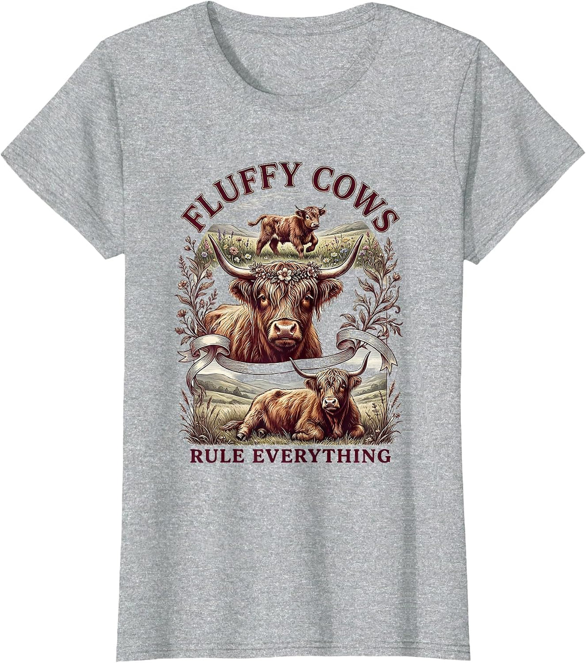 Fluffy Cows Rule Everything Highland Cow Design T-Shirt - Heather Grey