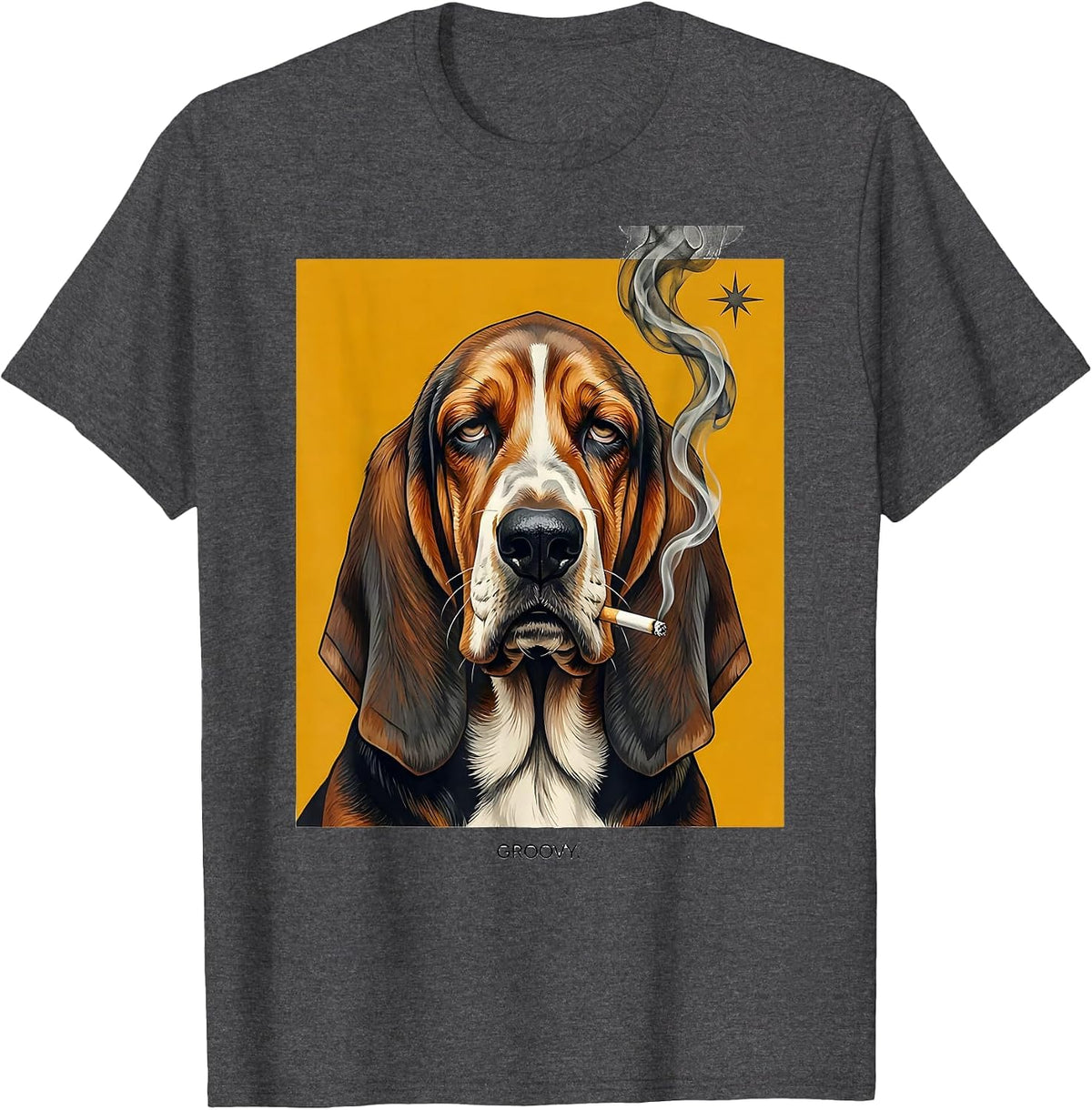 Groovy Midcentury Modern Basset Hound Stoner Cannabis Humor T-Shirt - Dark Heather Grey