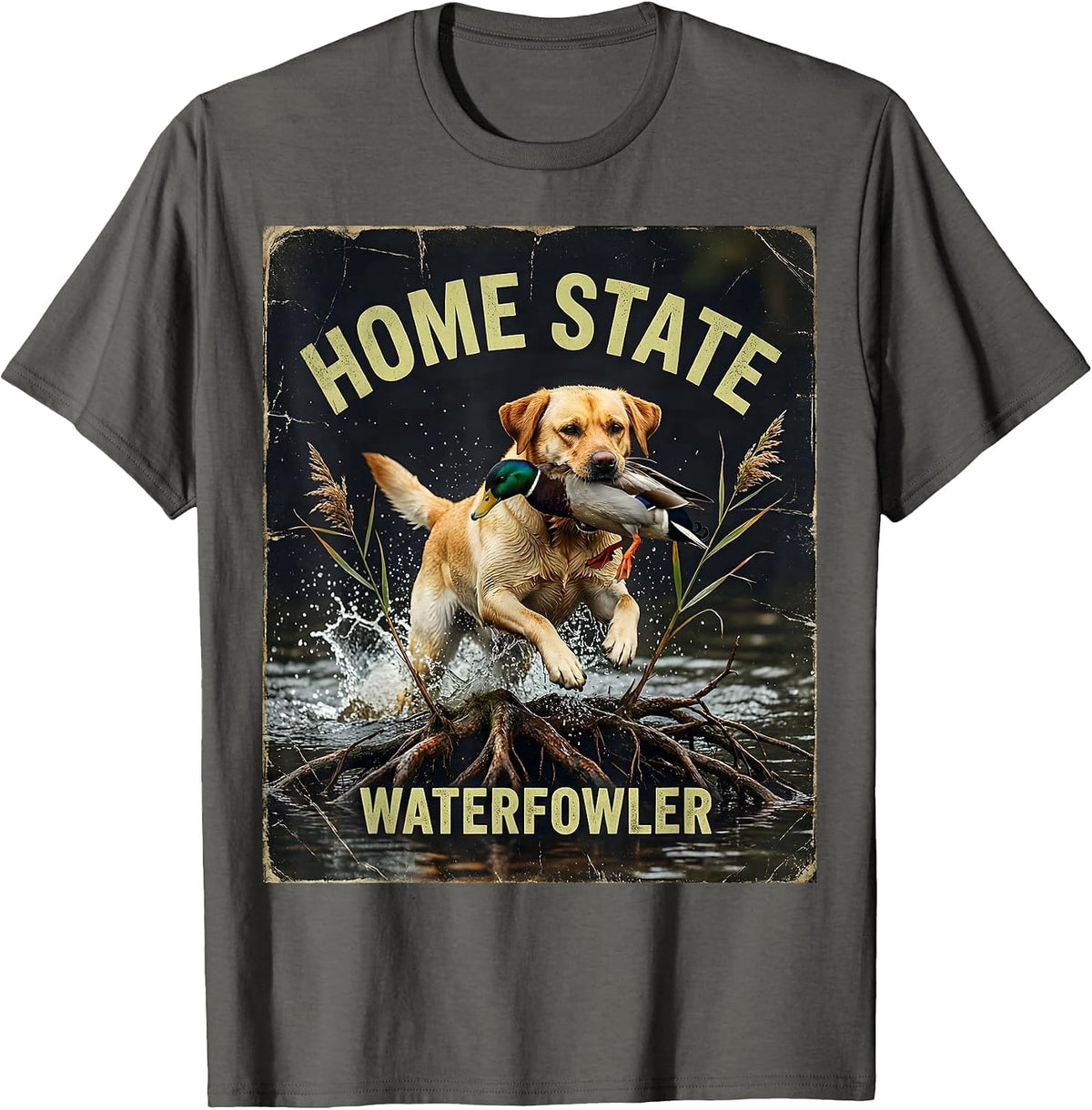 Men's Home State Waterfowler Distressed Labrador Duck Hunting T-Shirt - Asphalt Grey