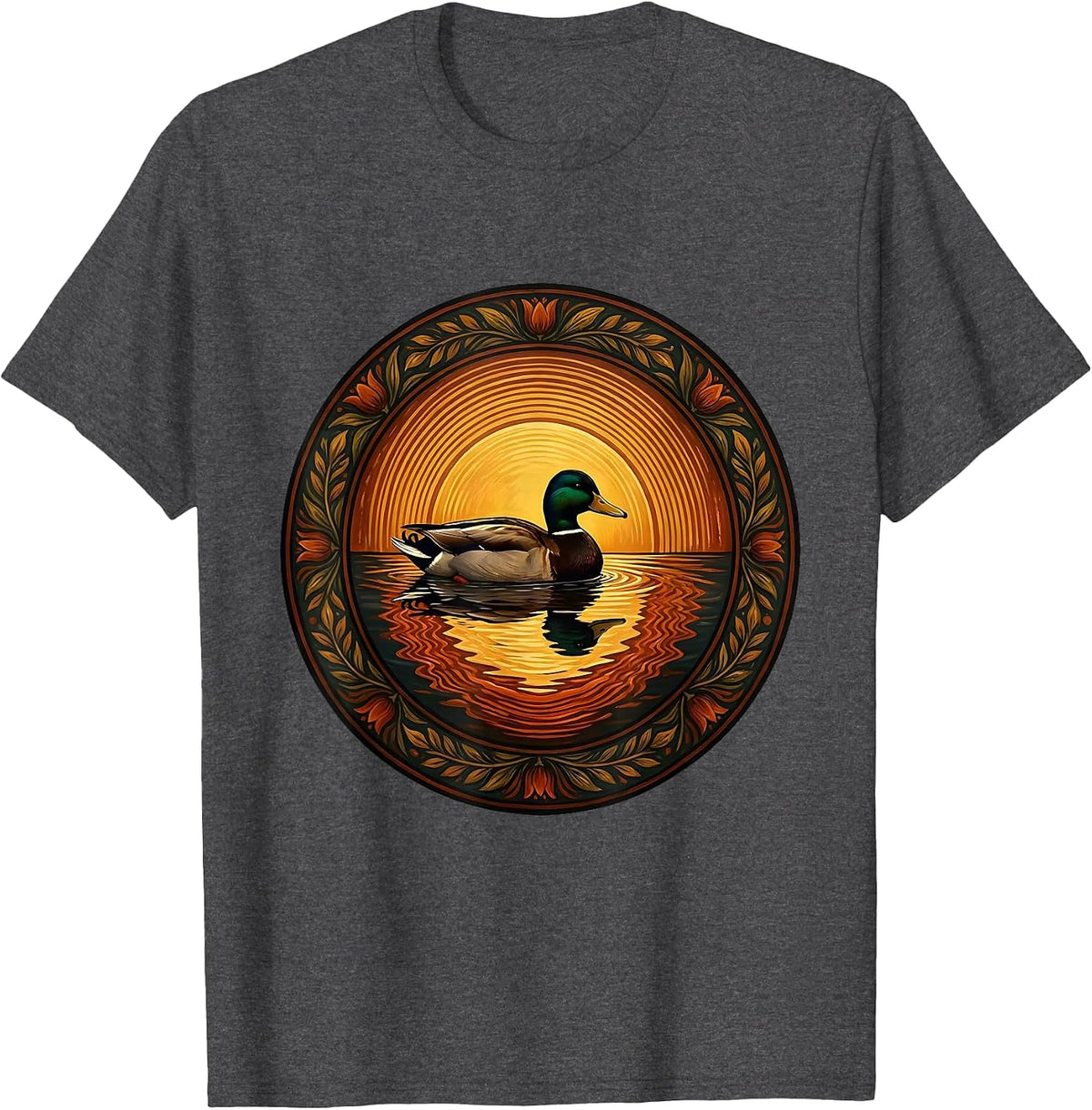 Duck Silhouette Sunset Reflection Nature Design T-Shirt - Dark Heather Grey