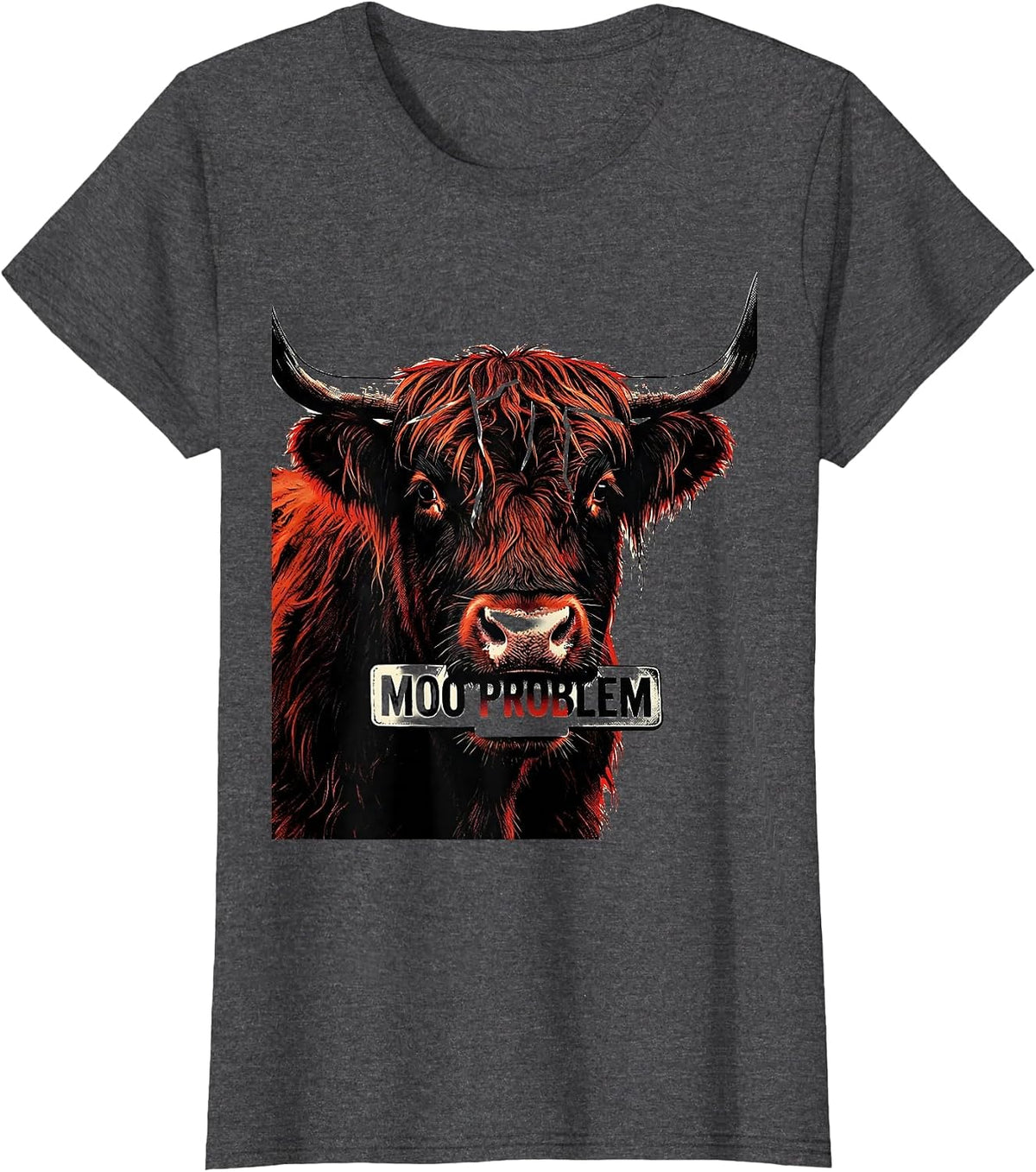 Women's Moo Problem Funny Highland Cow Humor Floral Lover T-Shirt - Dark Heather Grey