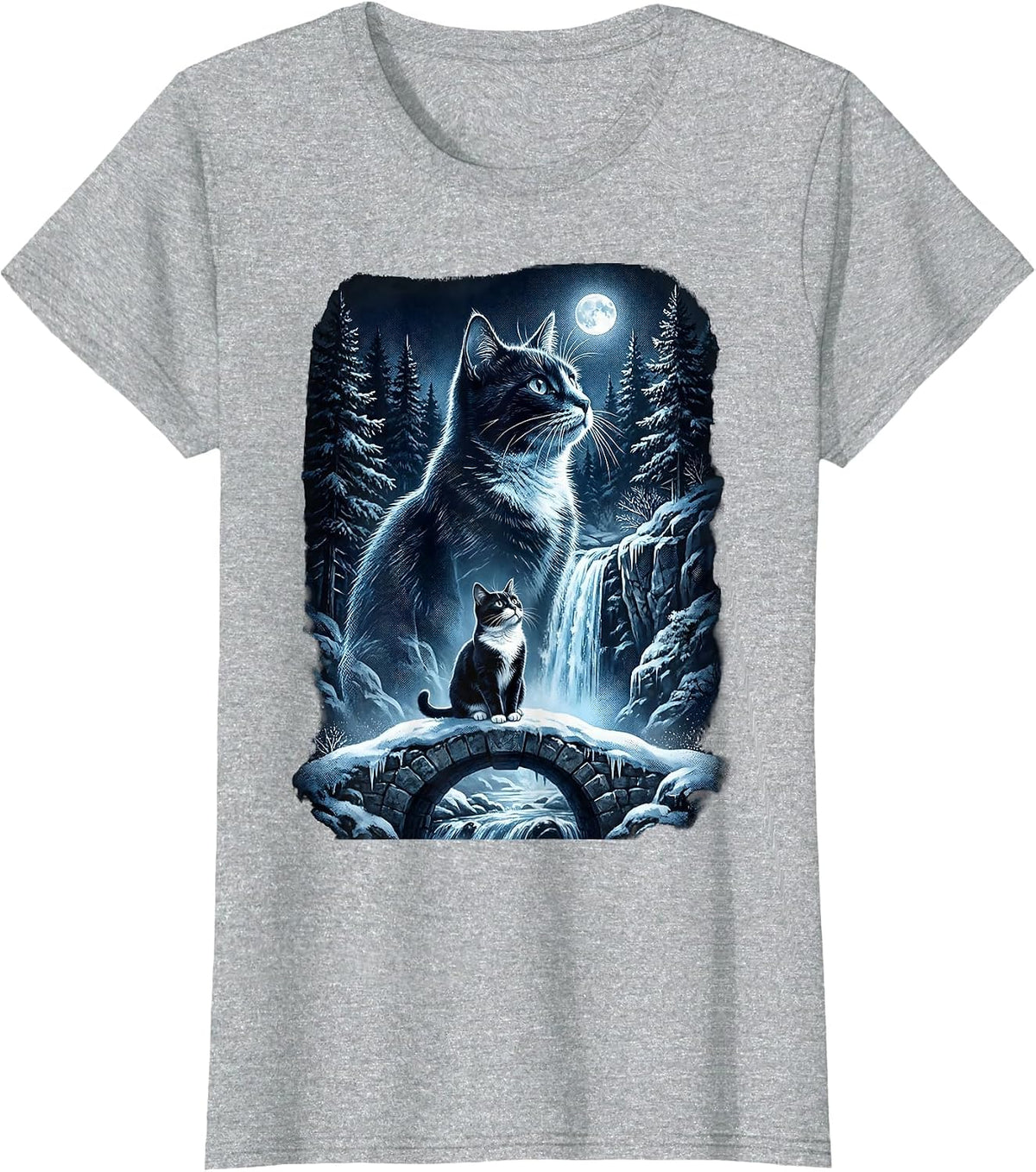 Tuxedo Cat Howling at Moon 90's Retro T-Shirt - Heather Grey