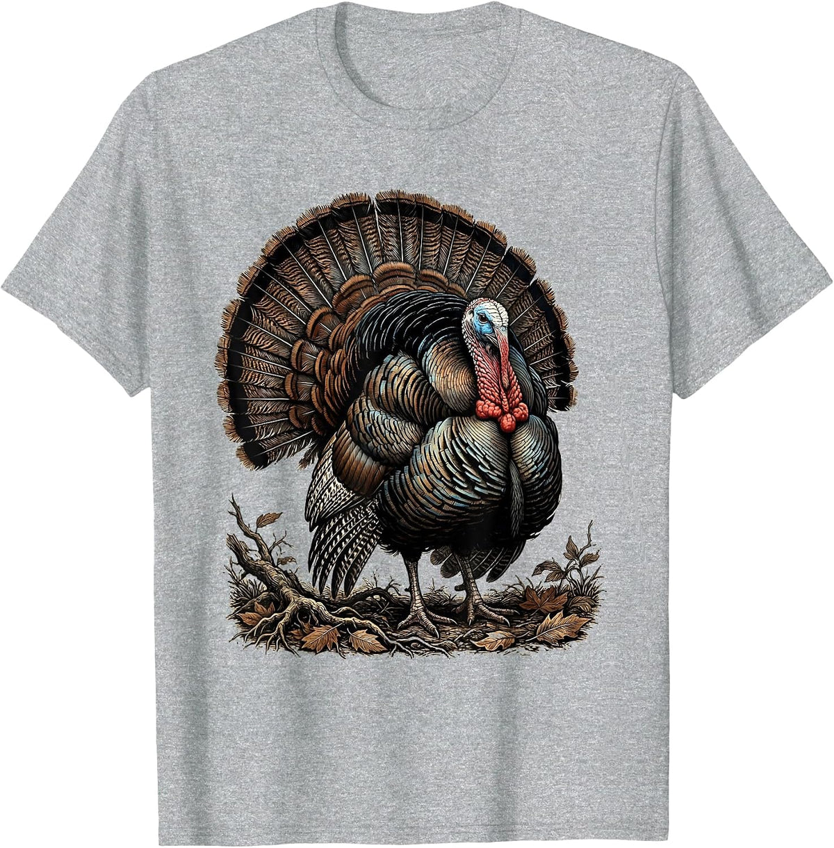 Men's Wild Turkey Fanning Feathers Forest Hunting Design T-Shirt - Heather Grey