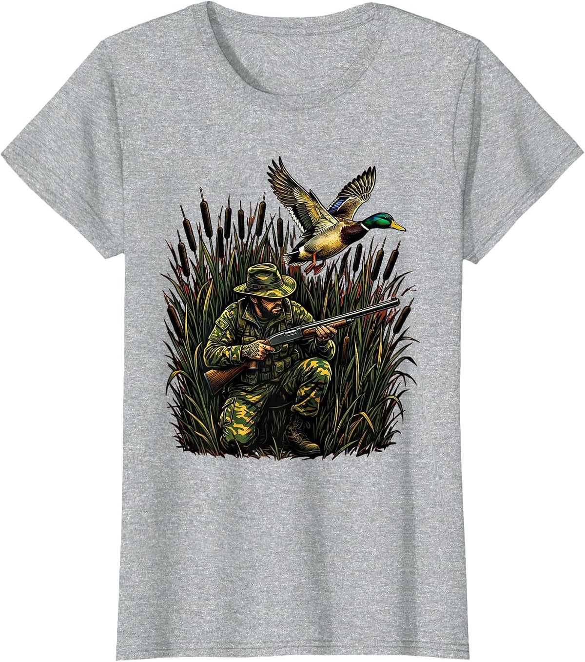 Duck Hunter Crouching in Tall Reeds Illustration T-Shirt - Heather Grey