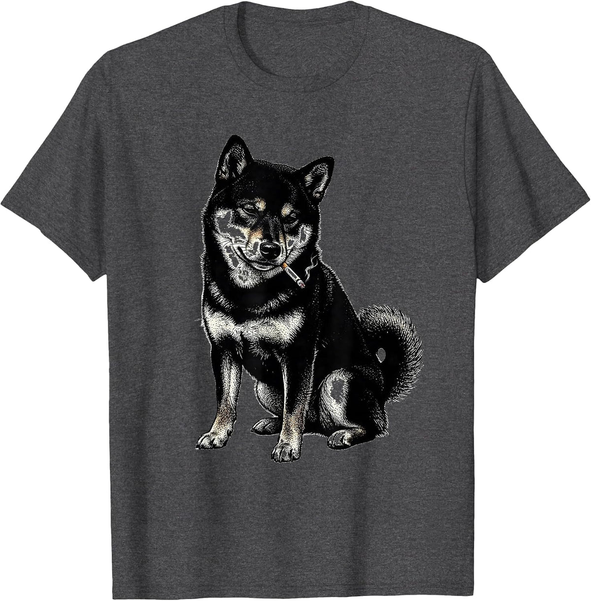 Men's Slouched Shiba Inu Blackwork Dotwork Smoking Dog Meme T-Shirt - Dark Heather Grey
