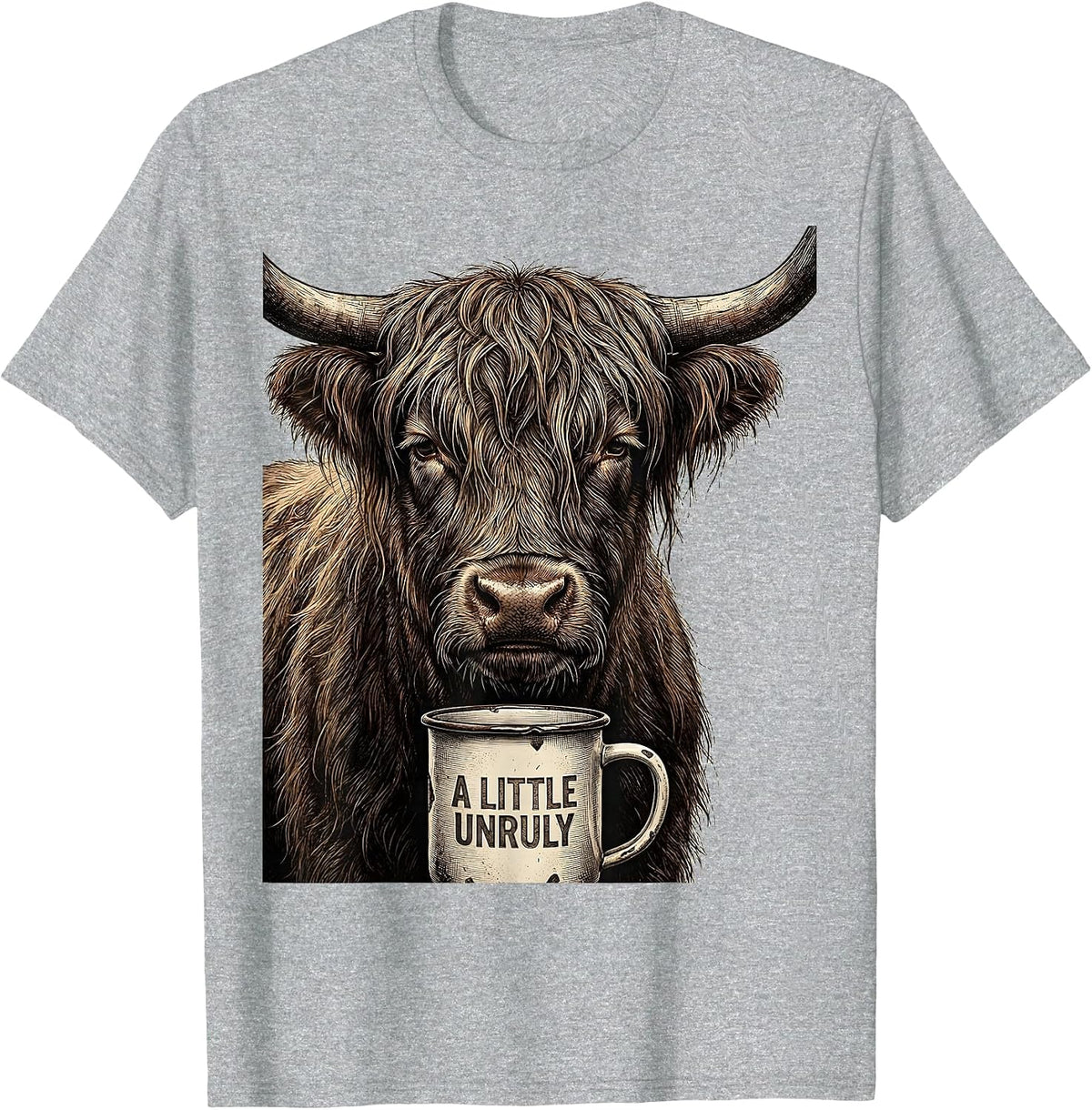 Men's A Little Unruly Funny Highland Cow Coffee Lover Novelty T-Shirt - Heather Grey