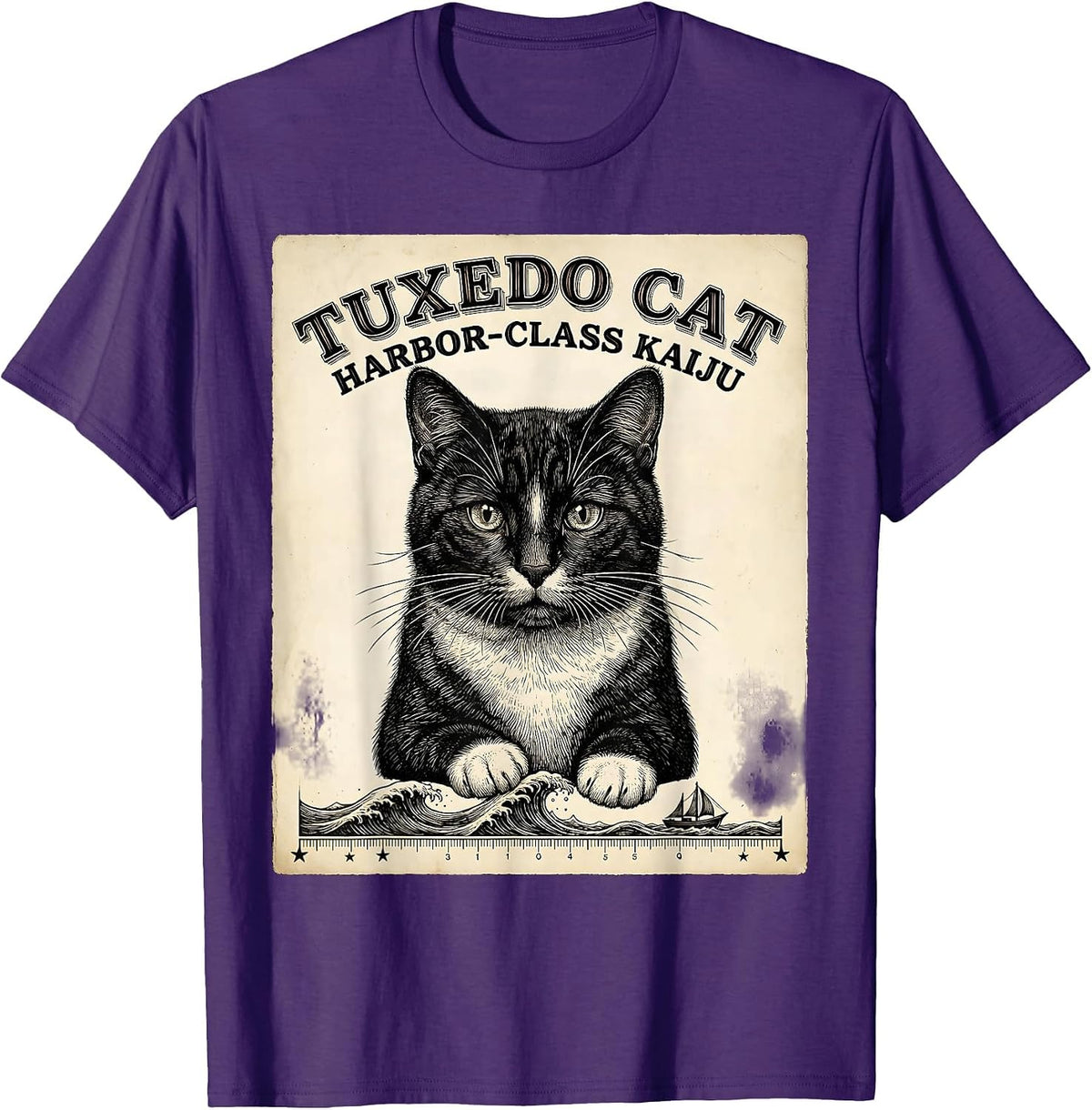 Tuxedo Cat Harbor-Class Kaiju Funny Japanese Monster Parody T-Shirt - Purple